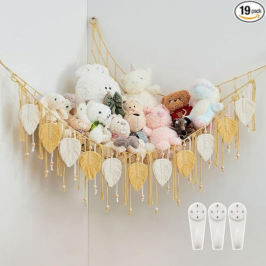 Pretty Jolly Macrame Stuffed Animal Hammock with Beads Hand Woven Leaf Tassels Corner Hanging Net Boho Plush Holder for Kid Room Nursery Decor Easy Install Organizer for Girls Gift(Yellow)