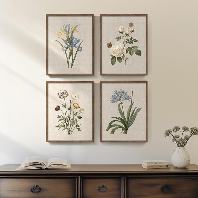Framed Vintage Botanical Floral Wall Art for Bedroom, 4 Piece 11x14 In | Modern farmhouse wall decor, Flower pictures, Rustic retro paintings, Ready to hang canvas prints, Kitchen bedroom home decor