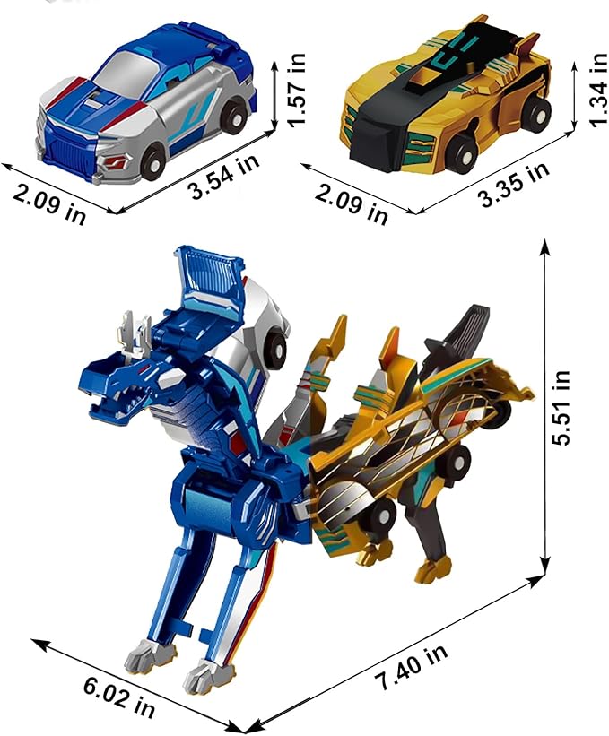 Transforming Dinosaur Toys, 2 in 1 Magnetic Cars Collision Transform into Dino Toys, for Boys Girls Toy Age 2-12, Christmas Birthday Gift (Gold Blue)