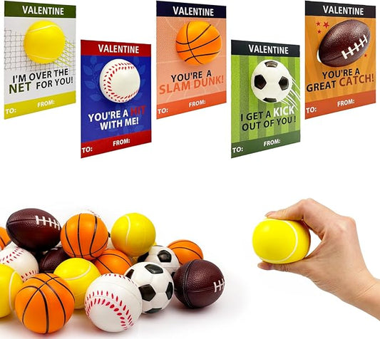 Sports Valentines Cards Gifts for Kids School Classroom -24 Pack,Mini Foam Ball Toys with Exchange Cards for Boys Girls,Valentines Party Favors Goodie Bag Stuffer Class Treats Prizes for Toddlers