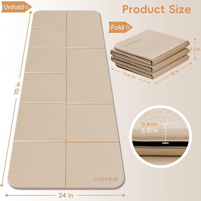 PAIDU Foldable Yoga Mat for Travel, 70"x24"x0.31" (8MM) TPE Double-Sided Non-Slip Pilates Mat with Carrying Bag for Yoga, Pilates, Fitness and Home/Outdoor Workouts