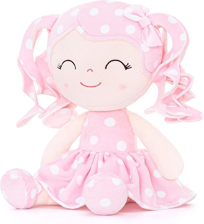 Gloveleya Personalized Baby Doll – Custom Name Plush Rag Doll, Pink Polka Dot Dress, Curly Hair, for Girls Birthday, Holidays & Keepsake, 12 Inches