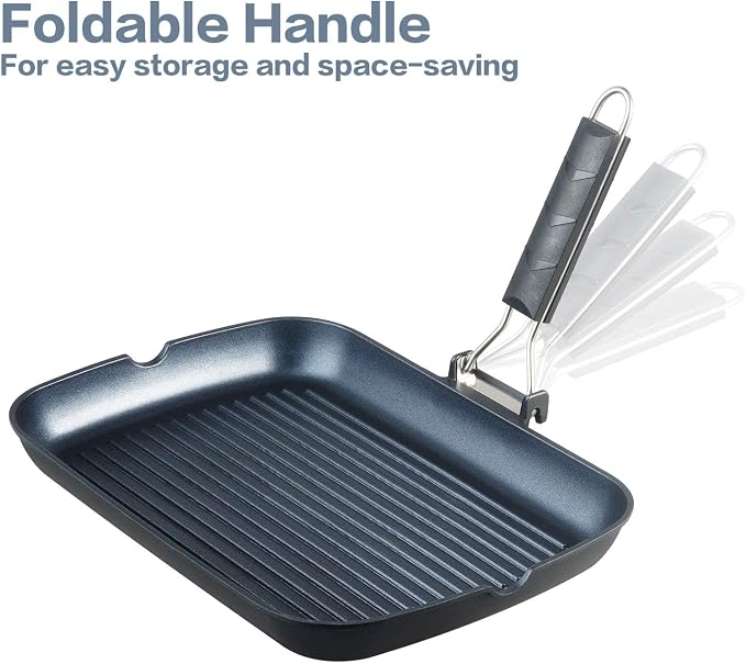 S·KITCHN Grill Pan with Folding Handle, Nonstick Grilling Pan for Stove Tops, Induction Compatible Rectangle KBBQ Pan with Pour Spouts - 13 × 9IN