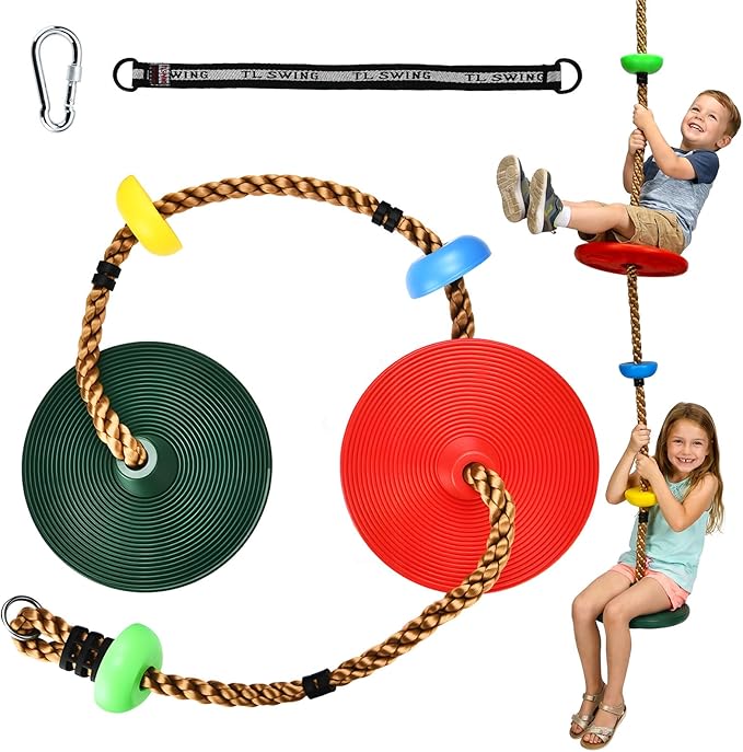 HeyZoo Dual Large Disc Tree Swing for Kids 330LB Capacity, Rope Swing with 3 Small Platforms, Outdoor Backyard Playground Seats Set with Carabiner and Thickened Strap, 1 Pack