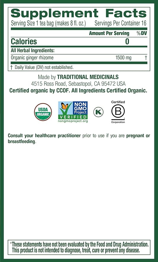 Traditional Medicinals Organic Ginger Herbal Tea, Promotes Healthy Digestion, (Pack of 2) - 16 Tea Bags