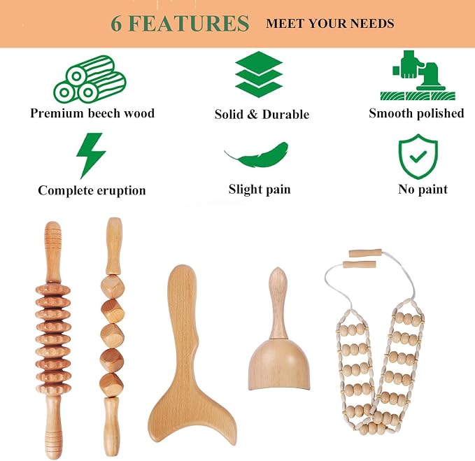 Wood Therapy Massage Tools Professional Maderoterapia Kit Body Sculpting Tools for Lymphatic Drainage and Anti-Cellulite.Wood Massager Roller Rpoe for Back and Muscle Pain Relief (5pcs)