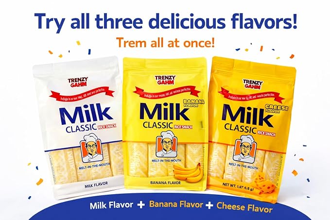 Milk Rice Snack Variety Pack – 3 Flavors (Milk, Banana & Cheese), Non-Fried Crispy Korean Rice Snack, Individually Wrapped Kids School Snack, Melt-in-the-Mouth Rice Crackers