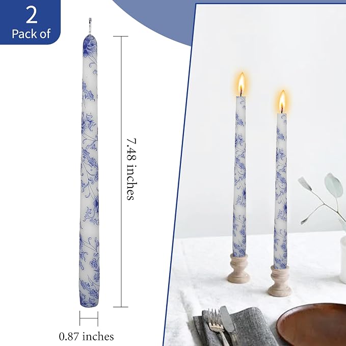 Printed Taper Candles 10 INCH Handmade Candles Unscented Smokeless Candlesticks Blue and White Porcelain Pattern Candle for Home Wedding Dinner Holiday Party