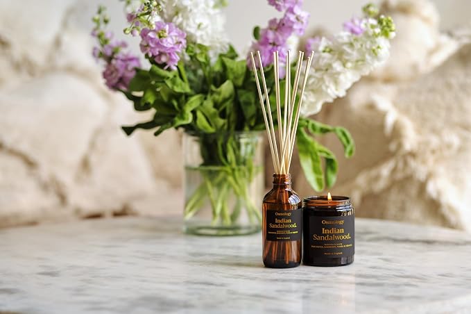 Osmology Indian Sandalwood Aromatherapy Candle – Sandalwood, Raspberry & Tobacco Scented Candle, Plant-Based Wax in Amber Apothecary Jar, 7 oz, 50 Hour Burn Time, Warm & Woody Candle