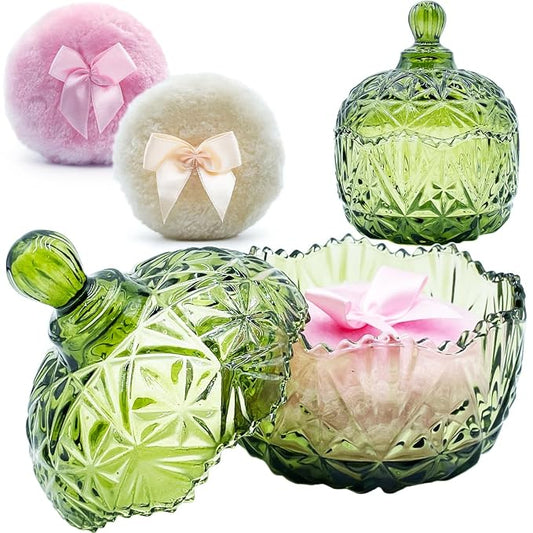 4" Glass Dusting Powder Container with 2 Fluffy Puffs,Cute 3.5" Soft Body Powder Puff and Jar Set(Crown-olive green)