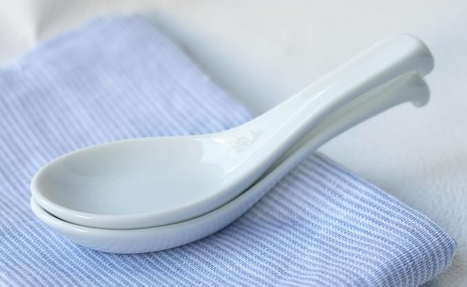 4set Mino ware Japan Renge, White, Chinese Won Ton Soup Spoon For soba, pho, ramen, Noodle, Rice Spoons,Asian Soup Spoons,Korean Style Large Spoon, White Hook style, Made in Japan