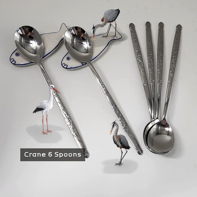 [6 P][Made in Korea] Korean Style Soup Spoon 8.5 inch Premium 430(18/0) Stainless Steel Dessert Spoons Dinner Spoon, Table Spoon, Rice Spoon Ice Cream Scoop (Crane)