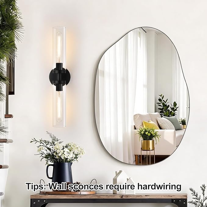 Indoi Matte Black Wall Sconces, Hardwired Bathroom Sconces Wall Lighting with Clear Glass, Modern Sconces Wall Light fixtures for Bathroom Mirror Living Room Hallway Bedroom