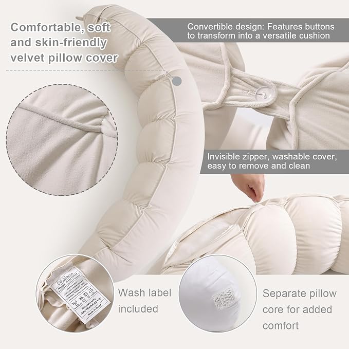 Peallow(Pat. Pend) – Long Round Body Pillow for Adults, Bolster Pillow for Sleeping, Soft and Supportive Pillow for Sleeping & Lumbar Support (Misty White,47")