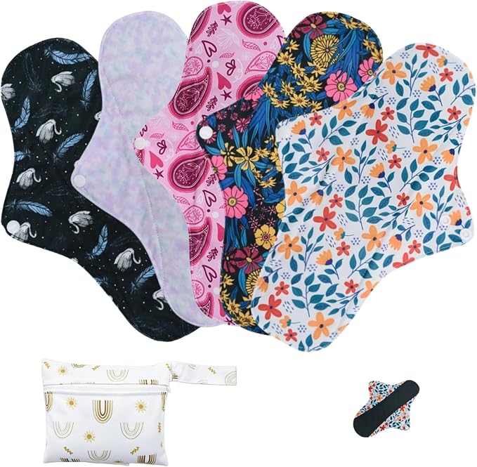 Reusable Incontinence Pads,Mesh Cotton Fabric Washable Menstrual Pads,Panty Liners Pads,Period Sanitary Napkins,with 1 Storage Bag,for Women/Postpartum/Incontinence(Colorful/M/5pcs)