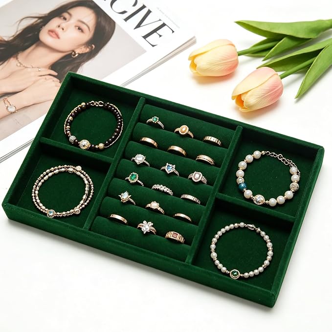Velvet Jewelry Trays for Drawers, Dark Green 2-in-1 | Stackable Jewelry Drawer Organizer, Ring Earring Necklace Bracelet Holder Organizer Display Tray with Removable Dividers
