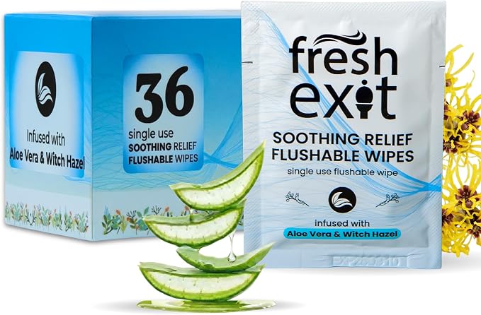 Flushable Hemorrhoid Wipes – 36 Count – Individually Wrapped with Witch Hazel & Aloe Vera, Large Discreet Travel Wipes for Adults, Soothing & Gentle on Skin
