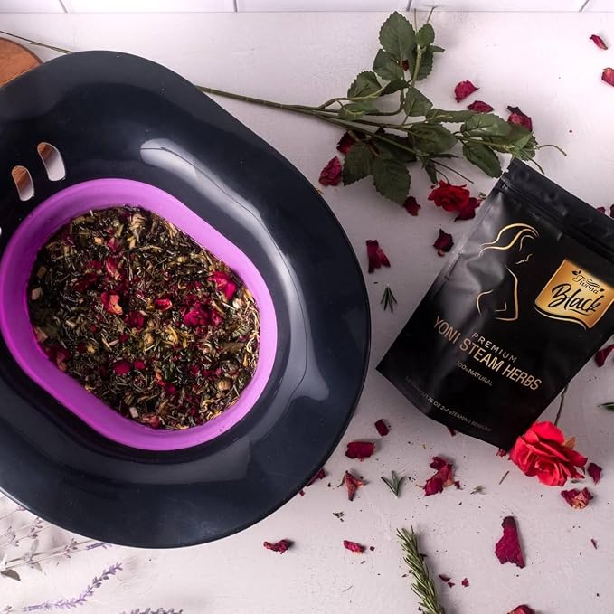 Fivona Black 4-in-1 Yoni Care Steam Kit Includes Feminine V Oil, Sitz Bath Seat, Yoni Steaming Herbs and Storage Bag - Effective Detox pH Balance Cleansing and Moisturizing