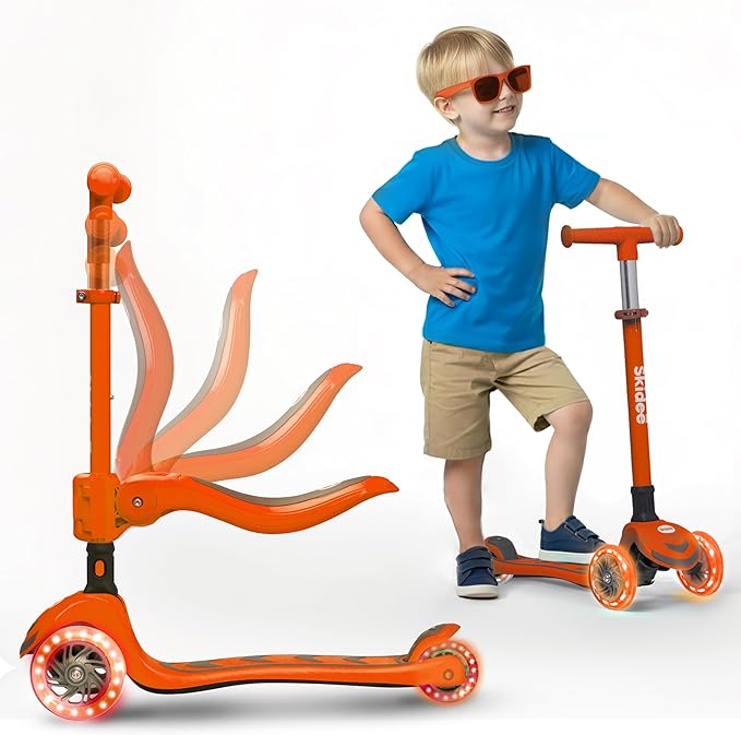 SKIDEE Kick Scooter for Kids Foldable 3 Wheel Scooter with Lean-to-Steer, Adjustable Height, Removable Seat & LED Light Wheels | Toddler Scooter Up to 12 Year Old Boys/Girls