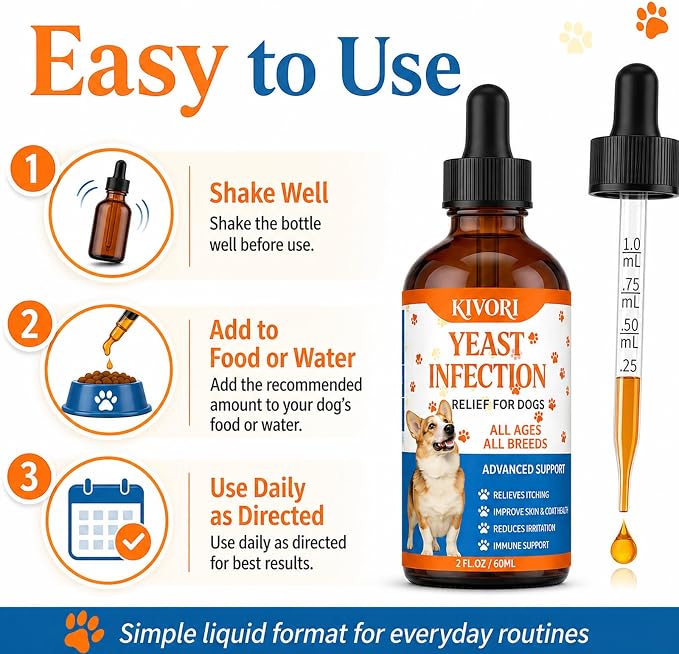 Kivori Yeast Infection Drops for Dogs, 2fl.Oz/60ml Yeast Infection Treatment for Dogs, Anti Yeast Drops, Ear and Paw Itch, Herbal Dog Supplement Drop for All Ages All Breeds. (1PCS)