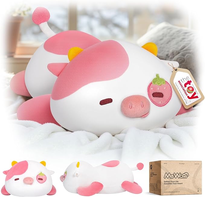 Cute Strawberry Cow Plush Pillow, Kawaii Plushies Strawberry Cow Stuffed Animals, Squishy Plushies, Cuddle Plush Pillow for Kids & Girls (13 Inch)