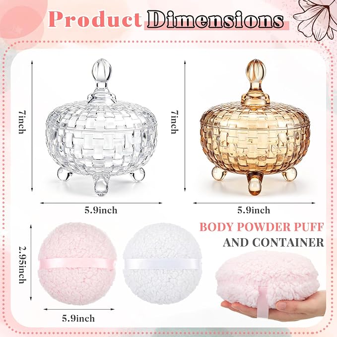 Tioncy 2 Set Extra Large Body Powder Puff and Container, 6'' Washable Vintage Decorative Crystal Powder & Container Gift for Bathroom Counter & Feminine Vanity Decor(Weave Design,Amber and Clear)