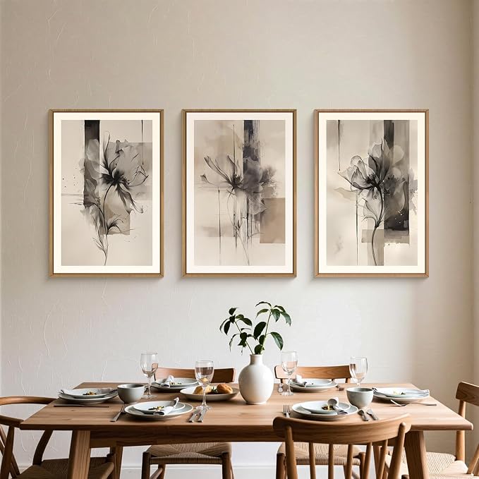 FWIEXA Black Beige Floral Canvas Wall Art Set 3, Neutral Abstract Framed Prints, Brushstroke Geometry Line Paintings, 16x24In Watercolor Ink Artwork Poster for Farmhouse, Living Room, Bedroom, Office