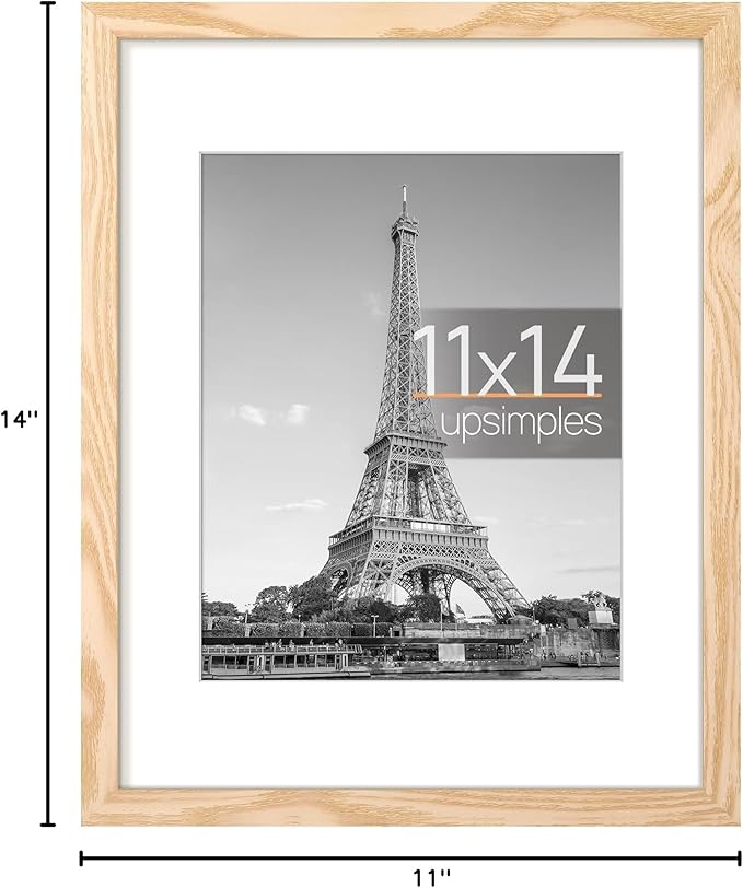 upsimples 11x14 Picture Frame, Display Pictures 8x10 with Mat or 11x14 Without Mat, Wall Hanging Photo Frame, Natural Style, 1 Pack