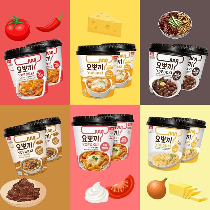 Yopokki Instant Tteokbokki Rice Cakes Korean, Variety Topokki Cup - Great with Cheese and Ramen Toppings, Korean Snacks for College Dorm, Korean Street Food Quick & Easy to Prepare, Pack of 6
