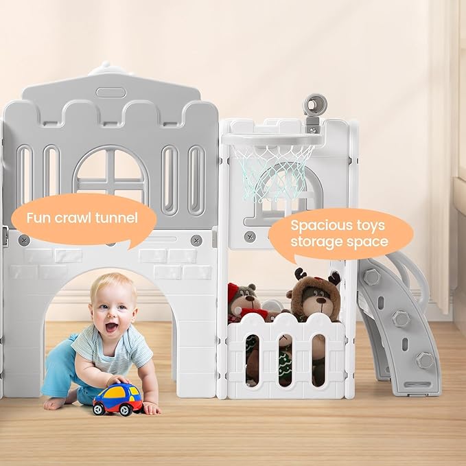 GarveeLife 8-in-1 Toddler Indoor Playground with Slide: Baby Slide Playset for Toddlers Ages 1-3 Outdoor Play, Kids Slide Includes Basketball Hoop, Climber, Crawling Tunnel, Telescope, Toy Storage