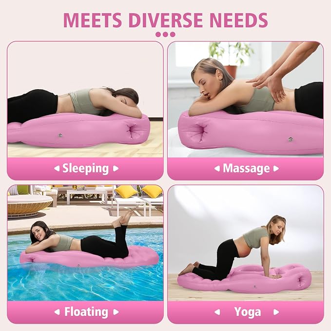 Inflatable Pregnancy Pillow with Belly & Head Hole, Prone Pregnancy Pillow for Stomach Sleepers, Maternity Air Mattress for Belly Support, Pregnancy Pool Float for Tummy Relaxation & Massage, Pink