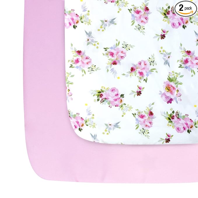 Pack and Play Sheets Girl, 2 Pack Mini Crib Sheets, Stretchy Playard Fitted Sheet, Compatible with Graco Pack n Play, Soft and Breathable Material, Floral