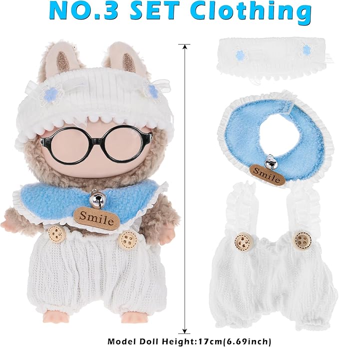 6 Sets Kawaii Doll Clothes for 17cm Plush Dolls - Dress Up Doll Clothing Set Replacement Fashion Outfit Collection with Hats & Accessories, Fits 6.7 Inch Mini Dolls (No Doll No Glasses)