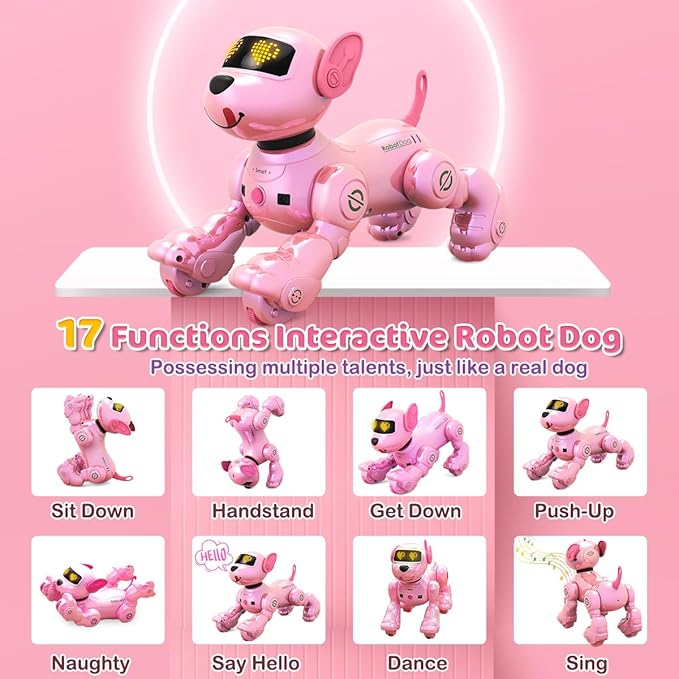 VATOS New Kids Smart Remote Control Robot Dog,17 Fun Interactive Functions Intelligent Programmable Kids Robotic Puppy with 2 Batteries, Singing Dancing Walking Robot Dog Toy for Girls 3-8 Year Pink