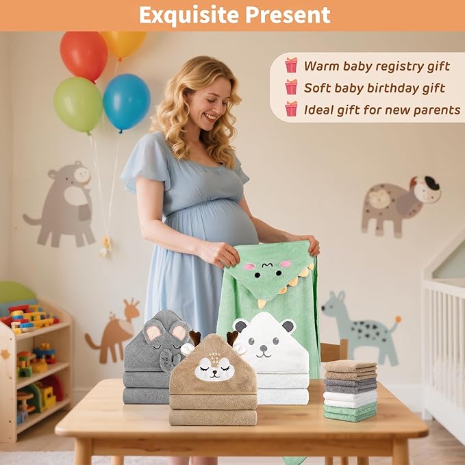 12 PCS Baby Bath Towels Set for Infants Toddlers, 4 PCS Animal Hooded Baby Towels & 8 PCS Washcloths Set, Ultra Absorbent Cute Soft Newborn Bath Essentials Gifts for Boys & Girls