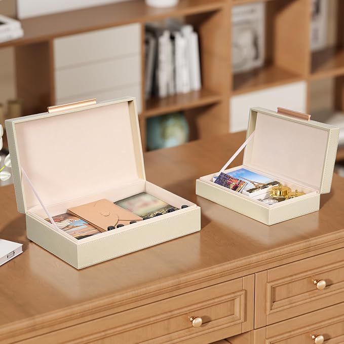 Decorative Box, Decorative Boxes with Lids 2-Set, Memory Box for Keepsakes | Beautiful PU Leather Decorative Storage Boxes in Style, Decor Box with Rose Metal Handle, Store Photos, Documents Beige