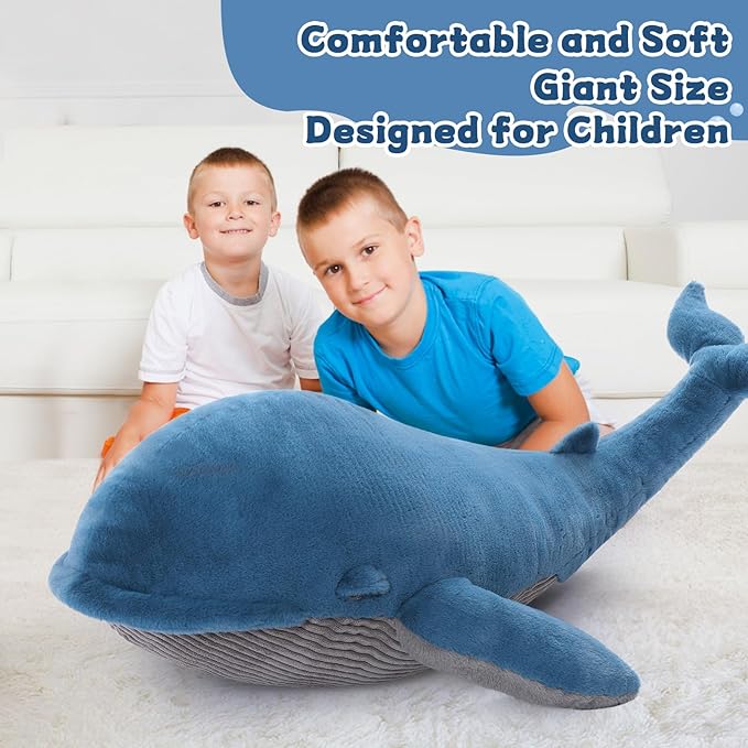 Tezituor 43.3 inch Giant Whale Stuffed Animal, Large Realistic Stuffed Whale Plush Ocean Toys, Hugging 4ft Soft Whale Plush Body Pillow for Girls Boys