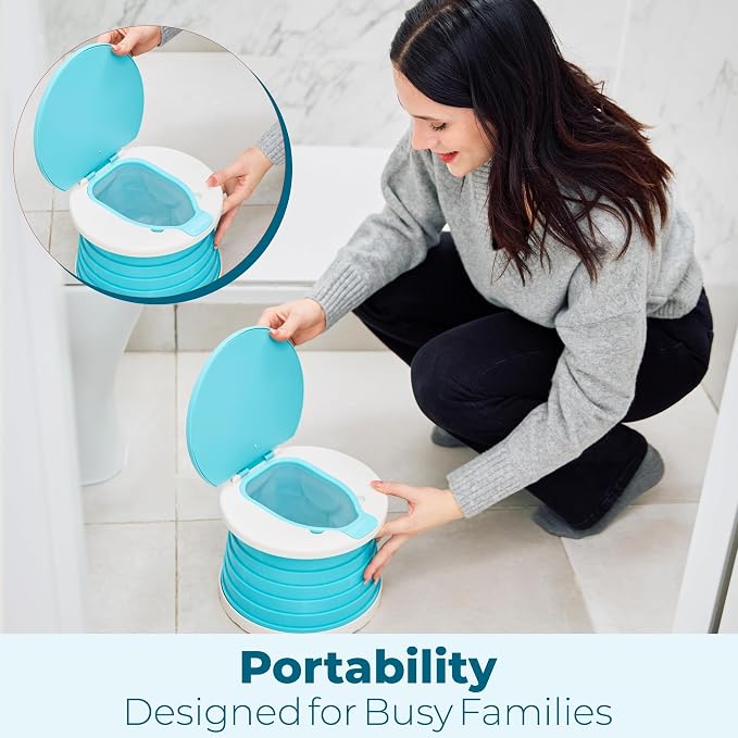 Portable Toddler Travel Potty with Silicone Insert – Foldable Potty Chair for Car & Road Trips, Spill-Resistant Training Toilet, Compact Emergency Potty, Includes Disposable Bags - Blue