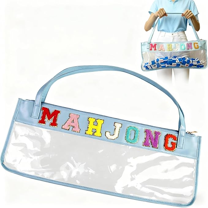 Empty Mahjong Bag -Hand-Embroidered ，PVC Transparent Waterproof Tote Bag for American Tiles, Handheld Storage with Handle - Pink & Blue (lake blue)
