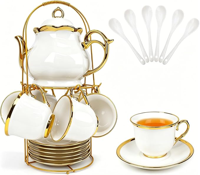 20 Pcs Porcelain Tea Set with Metal Holder, Adult Tea Set Gift, European Ceramic Tea Set for Adults, Flower Tea Cup Saucer Set for Party With Gold Trim(French White/1100ml)