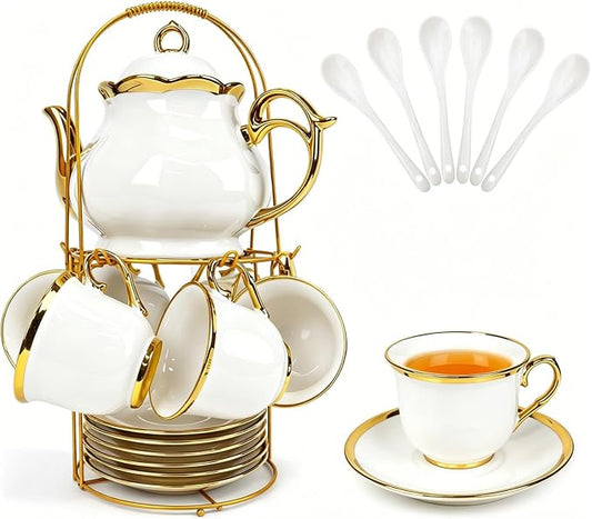 20 Pcs Porcelain Tea Set with Metal Holder, Adult Tea Set Gift, European Ceramic Tea Set for Adults, Flower Tea Cup Saucer Set for Party With Gold Trim(French White/1100ml)