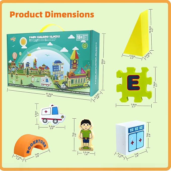 City Street View Foam Building Blocks Set for 2-4 Years Old, Town Construction Soft Stacking Blocks with Alphabet Letters Puzzle Playmat, Educational Learning Gifts for Kids 18+ Months