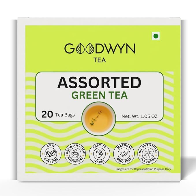 Goodwyn Assorted Green Tea Sampler, 20 Tea Bags | Green, Kahwa, Jasmine & Tulsi Green Tea | Natural Low Caffeine | Plastic Free Bags