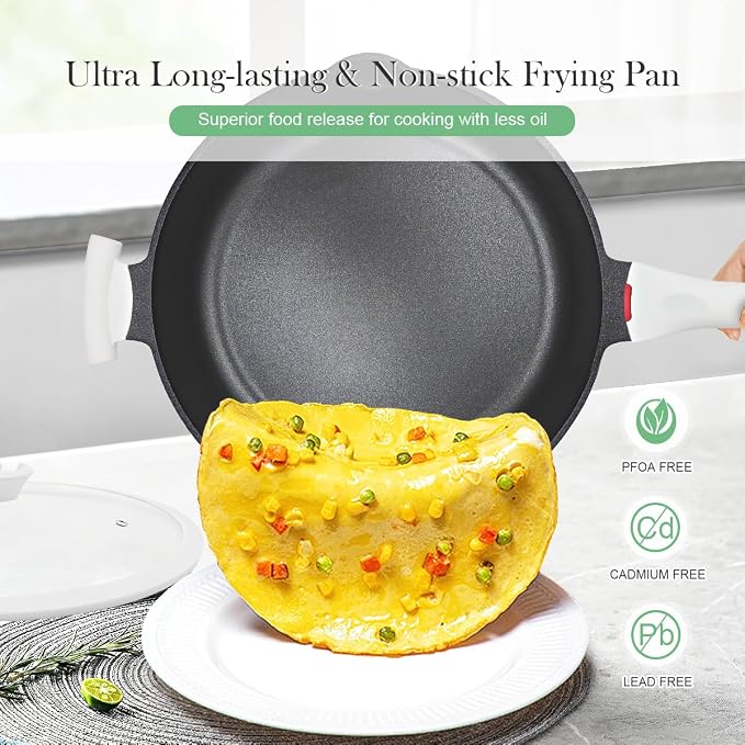 Large Frying Pan Skillet Nonstick with Lid, 14 Inch Deep Saute Pan, Big Induction Pan for Cooking, 2-1 Non Stick Cookware with Helper Handle, Family Size, Suitable for All Stoves, White