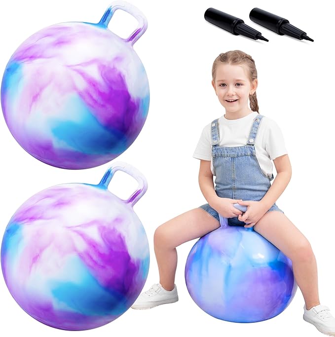 ZOOJOY Hopper Ball 2 Pack, 18 in Hopping Balls for Kids 3-8, Bouncy Ball with Handle for Boys & Girls Indoor Outdoor Play, Inflatable Bounce Hippity Hop Toys with Pump(Clouds)