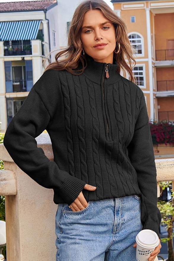 Dokotoo Women's Sweaters 2026 Fall Winter Quarter Zip Ribbed Cable Knit | Long Sleeve,Polo Neck,Lightweight Knit Pullover,Soft Comfy Tops,Casual Trendy Outfits,Fashion Clothing