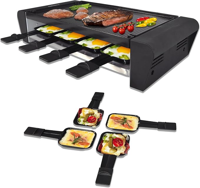 TAMARIT Raclette Grill with Extra Stone Plate, Indoor Electric Table Grill | Dual grill: reversible cast aluminum plate and granite stone, 8 nonstick cheese trays, 1300W, for 4- 8 person family parties