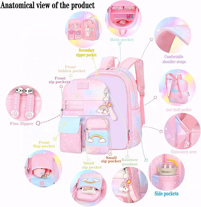 Pink Kawaii Backpack Starry Rainbow Bookbag Cute Large Capacity Backpack Multifunction Fashion Casual Laptop Travel Bag For Girl (Pink-17inch)