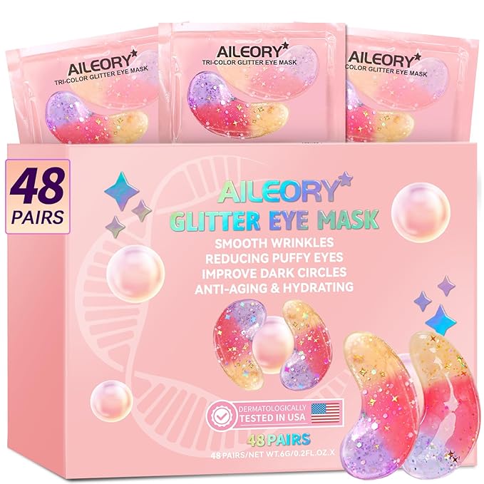 AILEORY Under Eye Patches (48 Pairs) - Tri-color Glitter Eye Gel Pads for Dark Circles, Puffy Eyes, Under eye Bags, Wrinkles | Natural Collagen Under Eye Mask Patches, Mothers Day Gifts for Mom