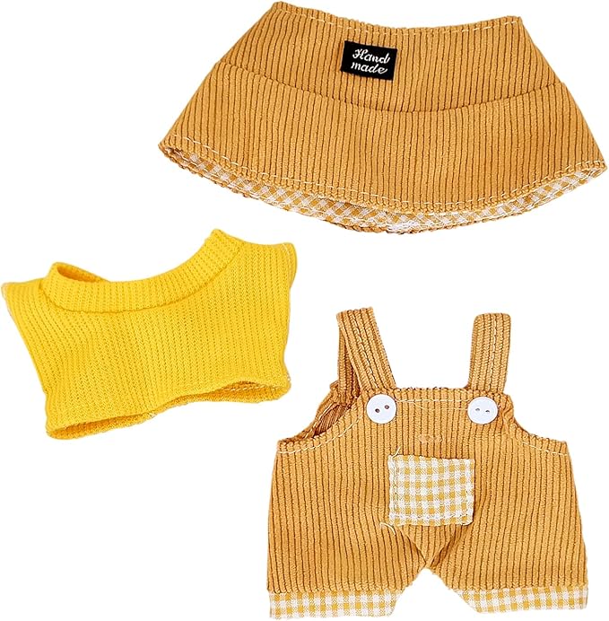 Doll Clothes for 17cm Dolls, Cute Outfit Set with Accessories, Bucket Hat and Overalls (No Doll) (Yellow Overalls Set)